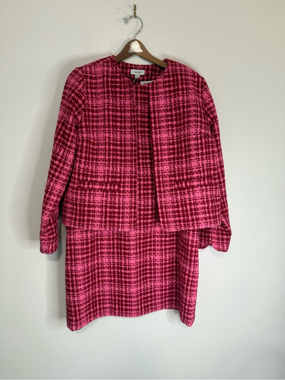On 34th  Hot Pink red plaid  Collarless Blazer and Skirt Set size 12